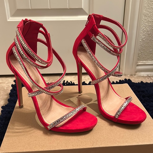 Charlotte Russe Shoes - Charlotte Russe Red Rhinestone Crystal Embellished Ankle Strap Heels Size 8